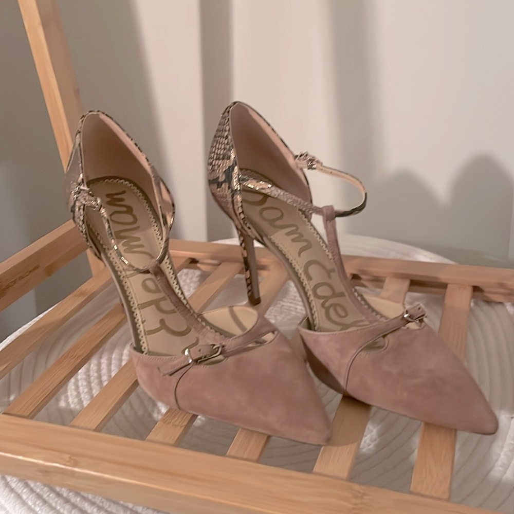 *SOLD* Sam Edelman strappy pumps, light beige w/ snakeskin, size 9